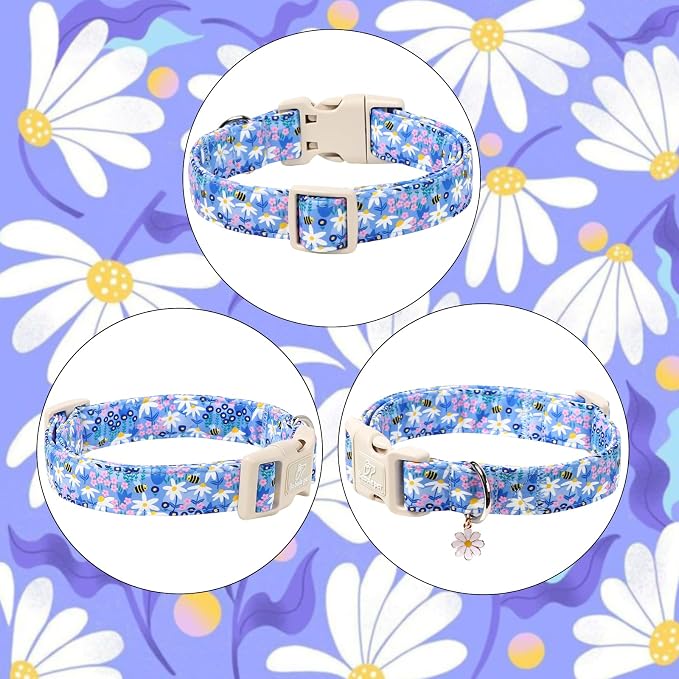 Floral Dog Collar for Large Dogs - Cute Spring Dog Collars, Soft Lightweight Bee & Daisy Puppy Collar, Breathable Adjustable Male Female Blue Wildflowers Dogs Collars L