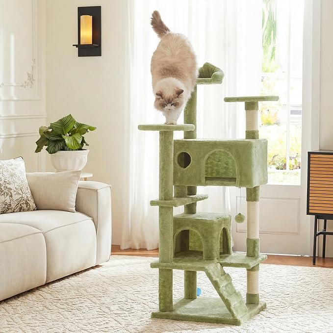 DUMOS 54 Inch Cat Tree Tower with Scratching Posts, Indoor Use | Multi-Level Pet House for Large Cats with 2 Condos, Round Platform, Small Ladder and Toys, Green