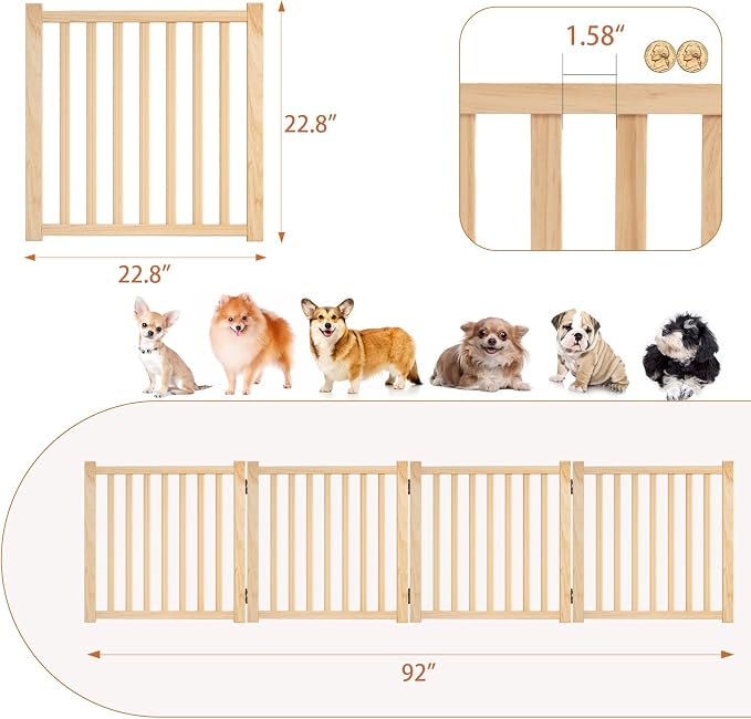 YOCAN Non-Painted Wooden Freestanding Dog Gates for The House,Doorways, Stairs,Wood Dog Fences Indoor Pet Gate,Step Over Fence-4 Panel H:23”