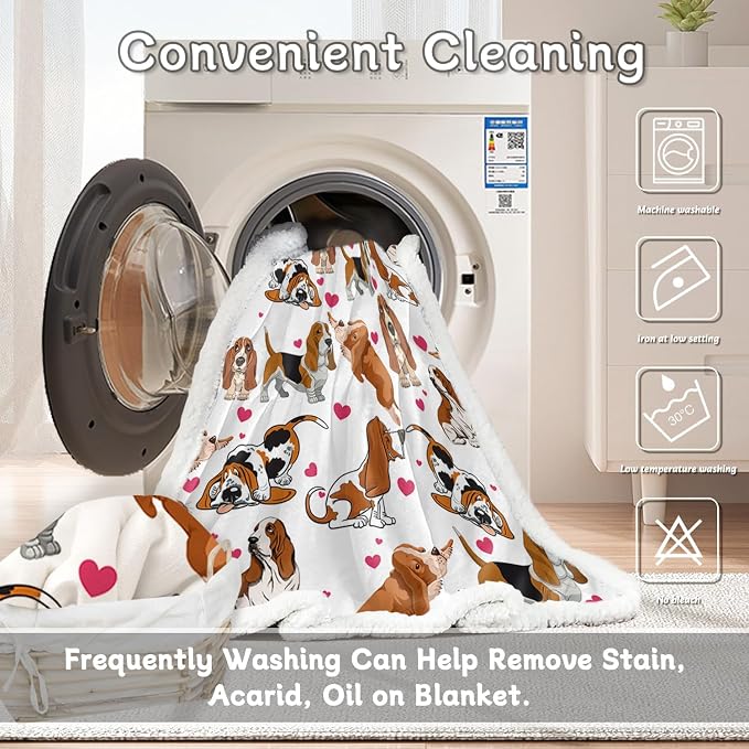 BlessLiving Basset Hound Blanket Queen Size 90x90 Inches - 3D Red Hearts Dog Print Plush & Sherpa Throw, Ultra Soft Cozy Fleece Blanket for Adults, Kids, Pet Lovers, Cute Puppy Gift