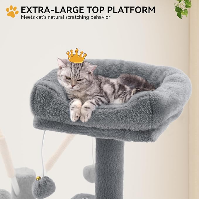 YITAHOME 44in Cat Tree Tower Indoor | Multi-Level Cat Condo with Scratching Posts, Cat Window Padded Plush Perch, Cozy Hammock, Funny Pompoms, Light Gray