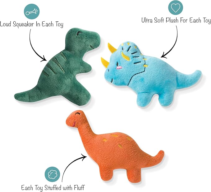 Fringe Studio Mini Plush Pet Toy Set with Squeaker, Having A Dinomite Time (289427), Multicolor
