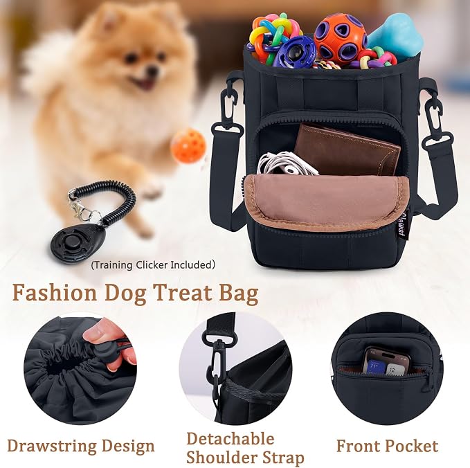 Stylish Dog Training Treat Pouch with Waist & Shoulder Strap, Dog Treat Bag for Walking and Training, Removable Waterproof Liner, Drawstring Treat Holder with Front Pocket & Clicker