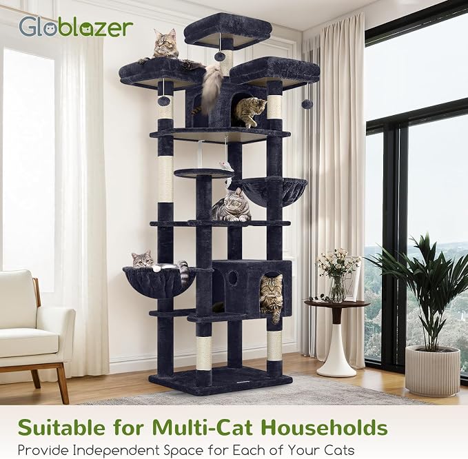 Globlazer Cat Tree Tower for Multiple Adult Cats, 82in, F82, Dark Grey | XXL Tall Cat Tree Tower for Indoor Cats with Scratching Post, 3 Perches, 2 Condos, 2 Hanging Baskets