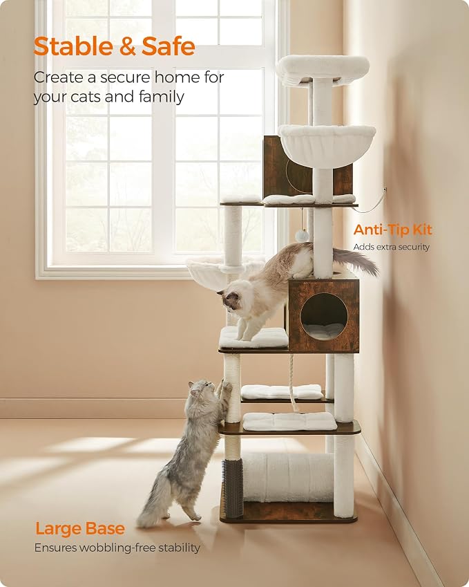 Feandrea Cat Tree, 75.6-Inch Modern Cat Tower, Tall Multi-Level Condo with 2 Caves, 2 Hammocks, 4 Scratching Posts, Self-Groomer, Tunnel, Perch, Rustic Brown UPCT193X01 | Tall Cat Tower, 4 Scratching Posts, Self-Groomer, Tunnel, Perch, Rustic Brown, CA...