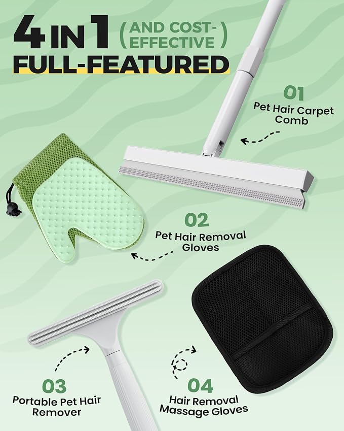 Carpet Rake for Pet Hair Removal Tool - 4 in 1 Pet Hair Remover Kit for Dog Cat Fur Remover, Contain 60" Adjustable Rubber Broom, Glove, Magic Brush and Scraper for Furniture (Gray)