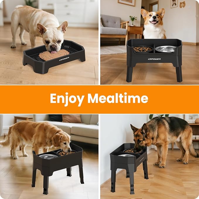 URPOWER 3-in-1 Elevated Dog Bowls - Mess Proof Double Deck 4 Height Adjustable Raised Stand with Stainless Steel Bowl & Slow Feeder & Licking Plate for Small, Medium & Large Dogs
