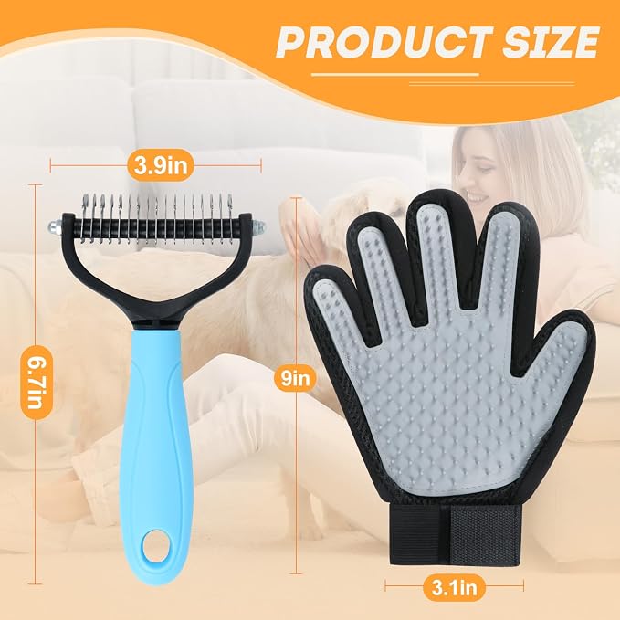 Cat & Dog Grooming Gloves for Shedding Brushes 1 Pair and Pet Grooming Rake 1PC, Double Sided Dematting, Deshedding Brush & Massage, Safe for Dogs & Cats