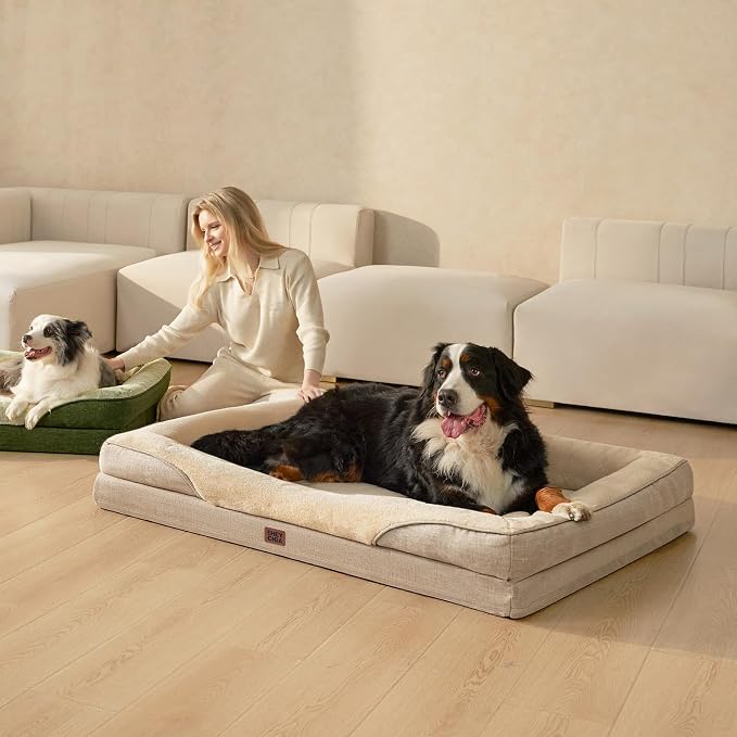 EHEYCIGA Orthopedic XL Dog Bed for Large Sized Dog, 48x35 Inch Extra Large Memory Foam Dog Couch Bed with Sides, Waterproof Liner & Washable Removable Cover, Bolster Pet Sofa, Beige
