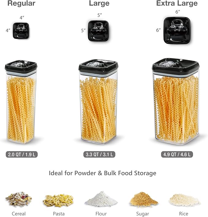 Felli Flip Tite Acrylic Food Storage Container with Lid 6” XL Air Tight Ring Seal Flip Lock, Plastic Kitchen Baking Canister for 5 lb Flour Sugar Rice Protein Powder Pantry Organizer (Nest-L Black)