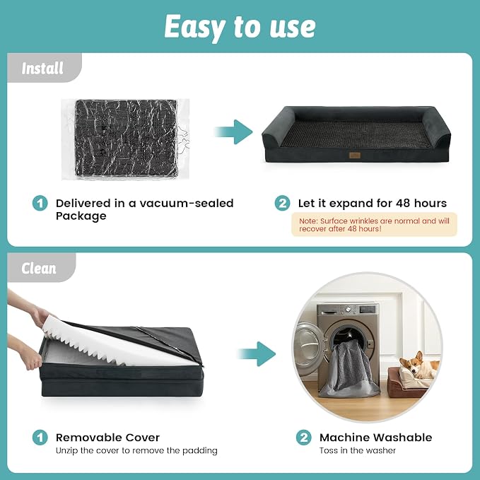 COZY KISS Orthopedic Large Dog Beds, Bolster Pet Couch with Waterproof Lining, Egg Crate Foam Sofa for Pets Up to 65 lbs, U-Shaped, 36x27x6.5 inch, Black