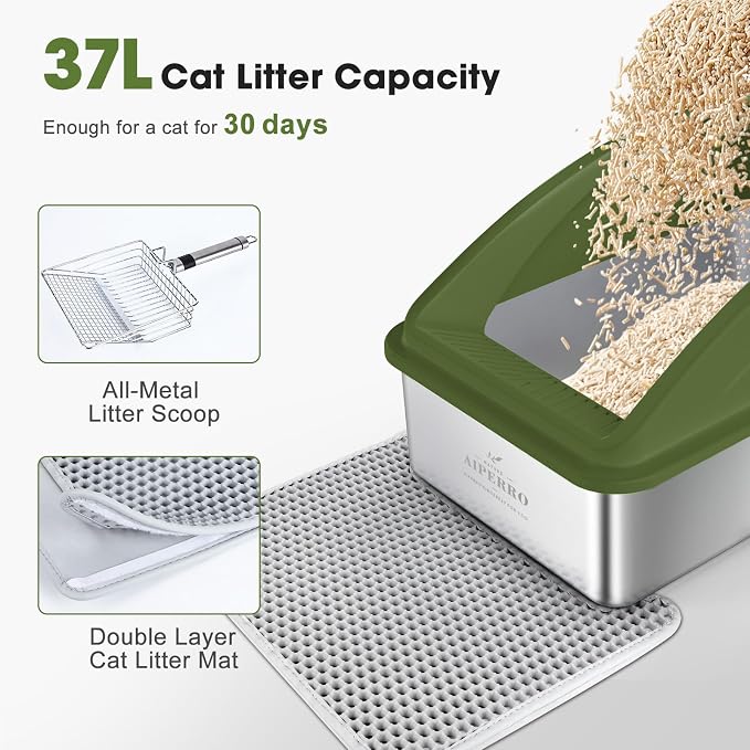 AIPERRO Stainless Steel Litter Box | XL Enclosed Metal Cat Litter Boxes | High Sided with Lid for Big Cats | Anti-Urine Leakage | Non-Stick Bottom & Includes Litter Mat & Metal Scoop (Olive Green)