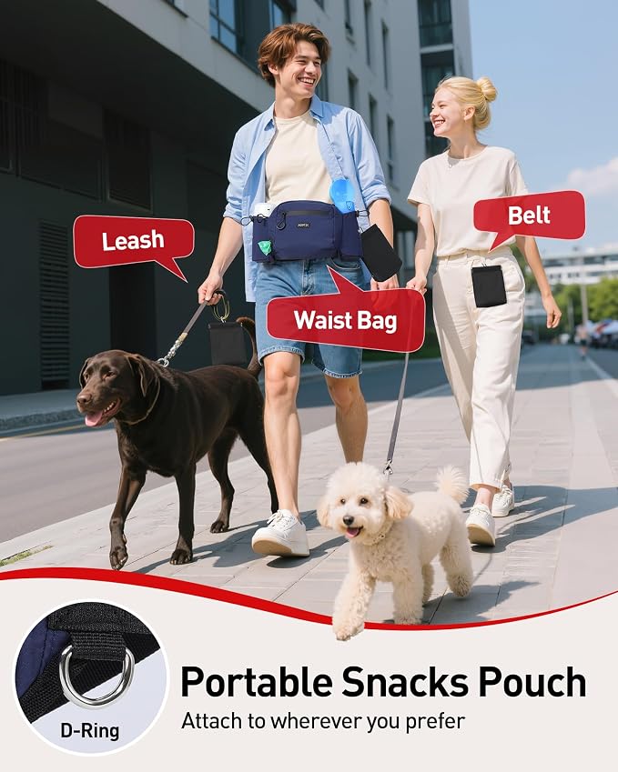 AGPTEK Dog Treat Pouch,Dog Walking Bag | Poop Bag Holder,Dual Bottle Holders,Removable Snack Pouch,Dark Blue