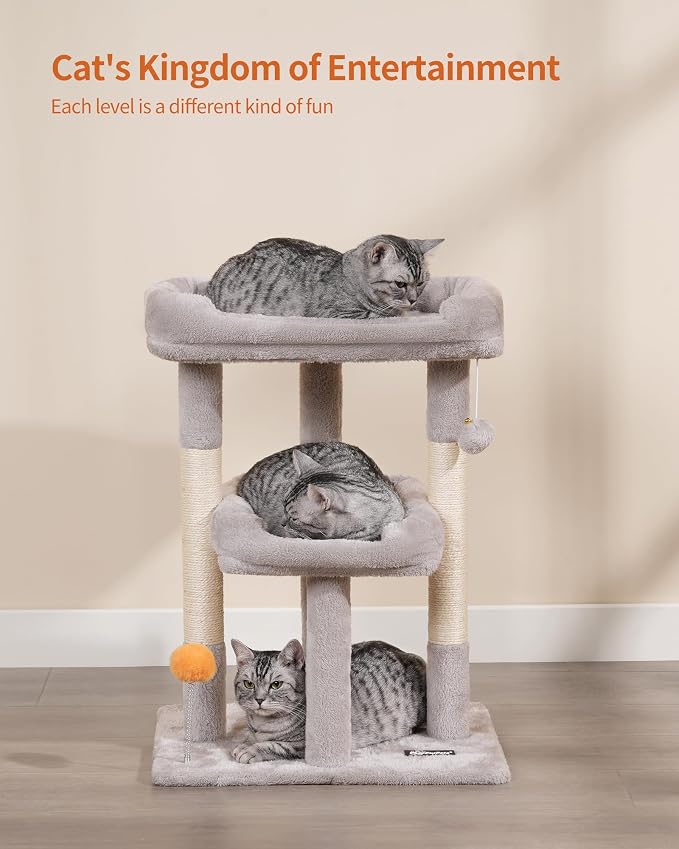 Small Cat Tree, Multi-Level Cat Tree for Indoor Cats, Cat Tower with Scratching Post, Cat Condo for Kittens,Toy Balls, 2 Soft Platform, Light Gray