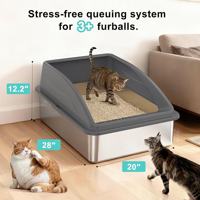 AIPERRO Stainless Steel Litter Box Extra Large for Big Cats and Multi-Cats | Jumbo Extra Large High Sided Metal Cat Box with Lid | Anti-Urine Leakage,Non-Stick & Easy to Clean | Include Litter Cat Scoop
