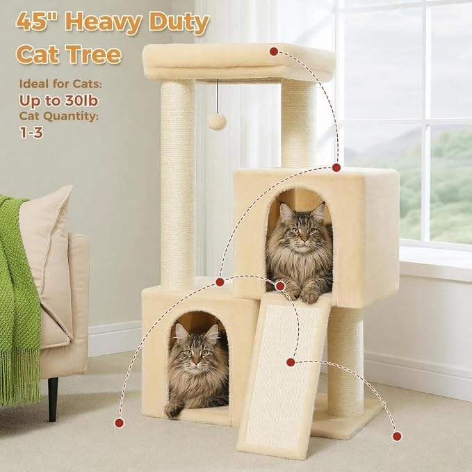 PAWZ Road Large Cat Tree, 45" Heavy Duty Cat Tower with Dual Condos, 3 Thick Full Wrapped Sisal Posts(φ4.3), Spacious Top Perch, Scratching Ramp for Large Cats,Beige