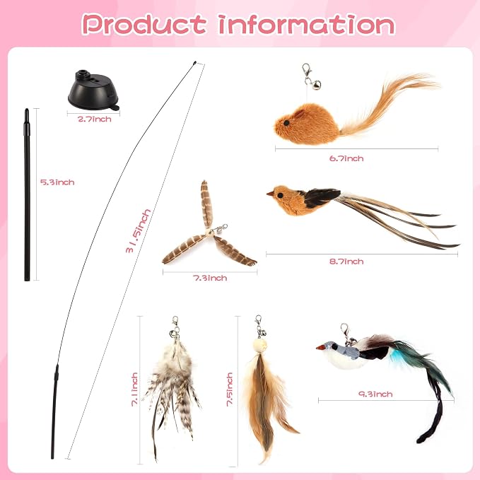 Interactive Bird Simulation Cat Toy Set, Cat Wand Toys, Self-Holding Suction Cups Base, Includes 6 Detachable Replacement Feather Toys