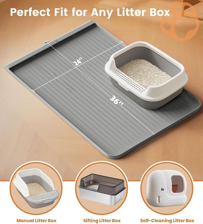Cat Litter Mat 36"x24", Waterproof Litter Trapping Mat, Grey | Raised Edges Prevent litters, Diversion Grooves, Non-slip Backing, Easy to Clean
