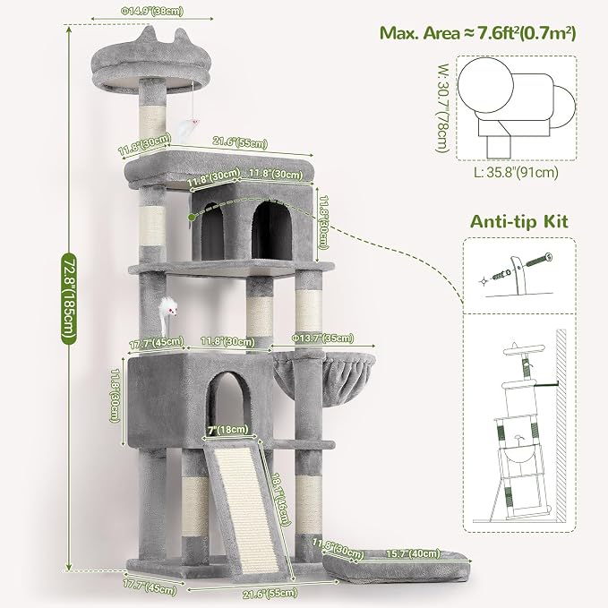 Globlazer Heavy Duty Cat Trees for Large Cats, Sturdy 72in Maine Coon Cat Tree for Large Cats 20 lbs+ Heavy Duty Cat Tower for Adult Biggest Cat with 6 Scratching Posts, Hammock, S72, Light Grey