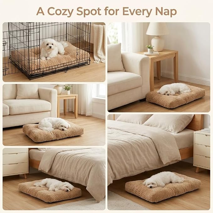18 Inch Dog Crate Bed for Small Dogs and Puppies,Washable Puppy Crate Pad for Dog Cages,Soft Jacquard Flannel Kennel Mat with Anti-Slip Bottom,Fluffy Dog Bed for Toy Breeds,Khaki
