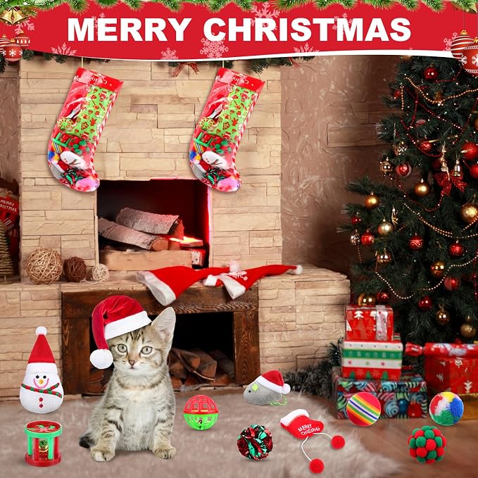 Soulchen 11 Pcs Christmas Cat Toys Stocking Gift Holiday Catnip Interactive Cats Toy Gift Set with Santa, Snowman, Plush Balls, Crinkle Mice, Variety Pack for Indoor Cats, Pet Stocking Present