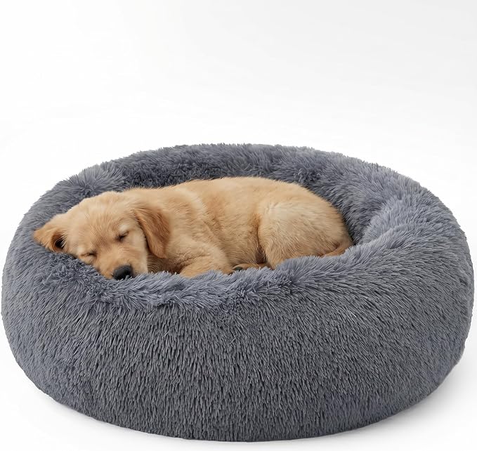 SAVFOX 23 inches Calming Donut Dog Bed - 3X Durable Plush Faux Fur, Machine Washable & Non-Slip, Fits up to 25 lbs, Dark Grey