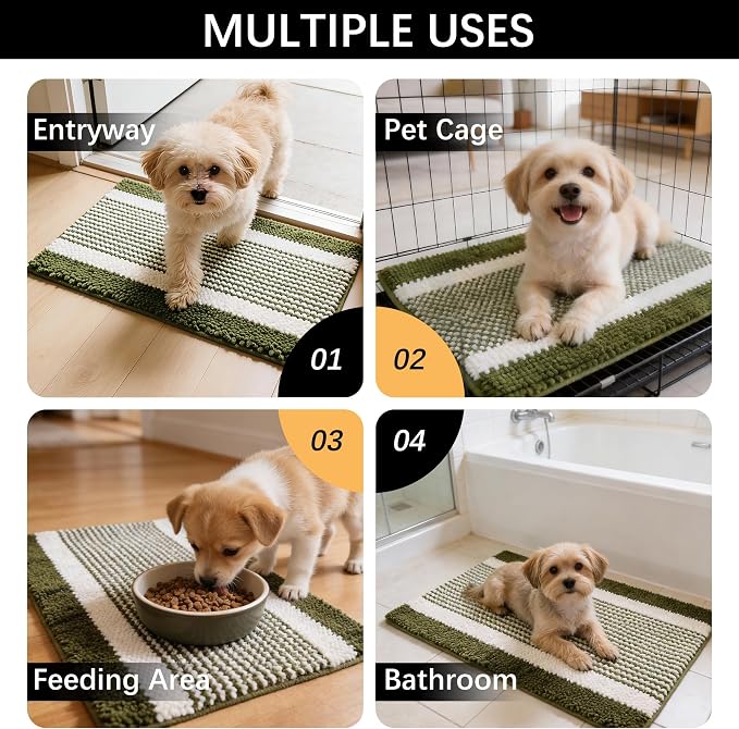 Dog Door Mat for Muddy Paws - Absorbent Quick-Dry Non-Slip Washable Chenille Pet Rug, Indoor Entryway Mat for Front Door & Crate (Green White, 30" L*18" W)