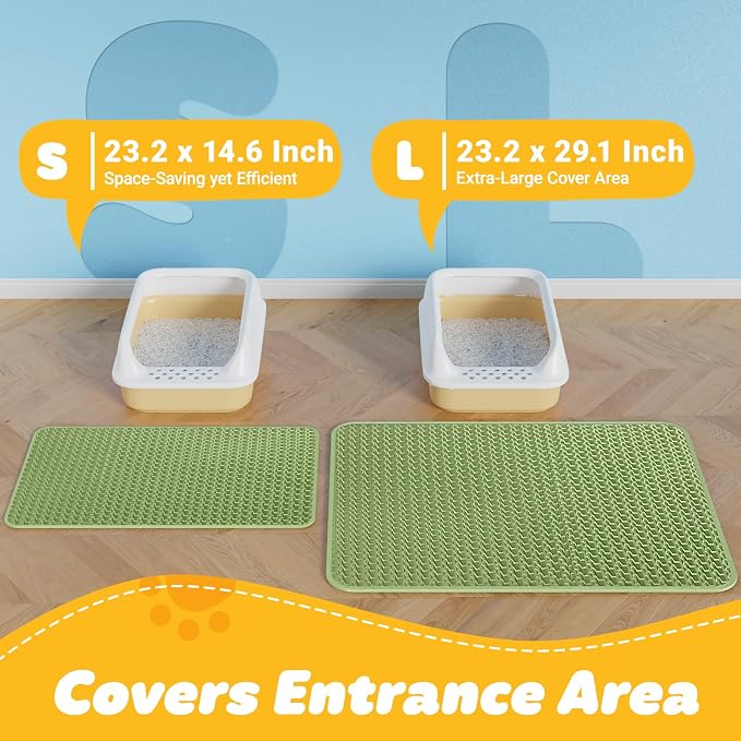 Powools Cat Litter Mat, 23.2 x 14.6 in, Waterproof, Non-Slip, Bright Green | Litter Trapping Mat, Easy to Clean, Litter Box Mat, Urine-Proof, Cat Toilet Training Systems Accessories, Indoor Cats