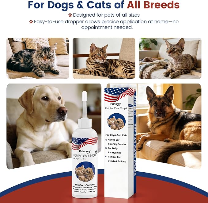 Petnanny Dog Ear Cleaner,Cat Ear Cleaner Drops, Pet Ear Cleaner Gentle Care | Cat Ear Drops with Silver Ion & Botanical Extracts, Non-Stinging Dog Ear Wash, Soothes Itchy Ears & Gently Clear Wax & Debris
