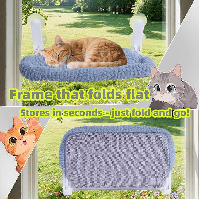 AIWIKIDE Cat Window Perch with Cushion Rim, Easy Install Bracket, Portable Wall Hammock for Indoor Cat, Light Blue