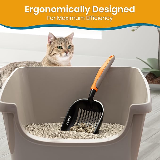 PAWBEE Premium Non-Stick Metal Cat Litter Scooper with Holder, Deep Shovel Poop Scoop, Long Non-Slip Handle
