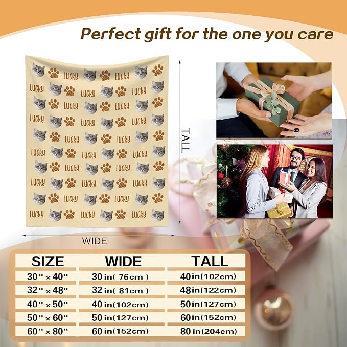 Custom Throw Blanket with Cat Face & Name Personalized Soft Fleece Funny Photo Blanket Multi Size Customized Throws for Couch Bed Sofa Gifts for Cat Dad Mom Pet Lovers