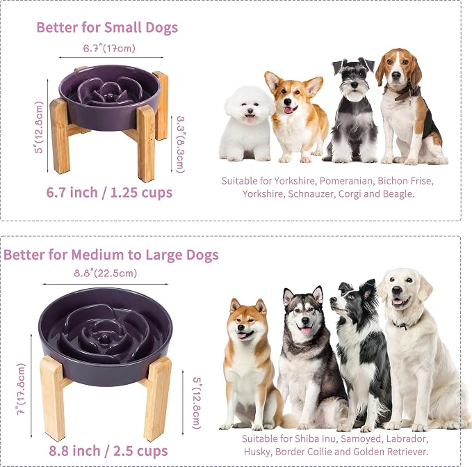 Elevated Slow Feeder Dog Bowl - Ceramic Maze Food Dish with Bamboo Stand - Raised Feeding Bowl for Fast Eaters - Ideal for Small and Medium Dogs - Purple - 6.7 inch