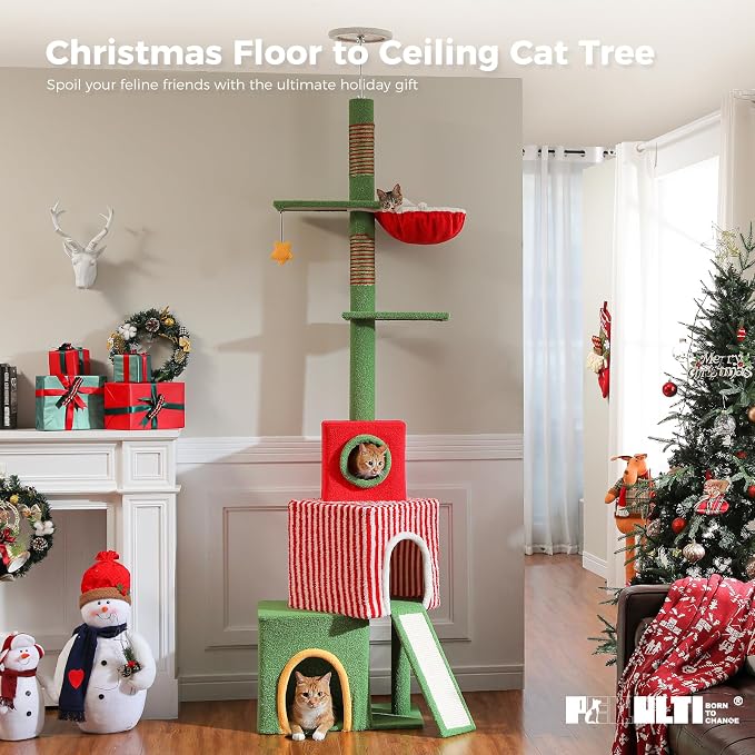 PEQULTI 83-108'' Floor to Ceiling Cat Tree for Large Adult Cats, Christmas Cat Tower with Adjustable Height with 3 Large Condos, Plush Hammock, Thick Scratching Posts, Red/Green