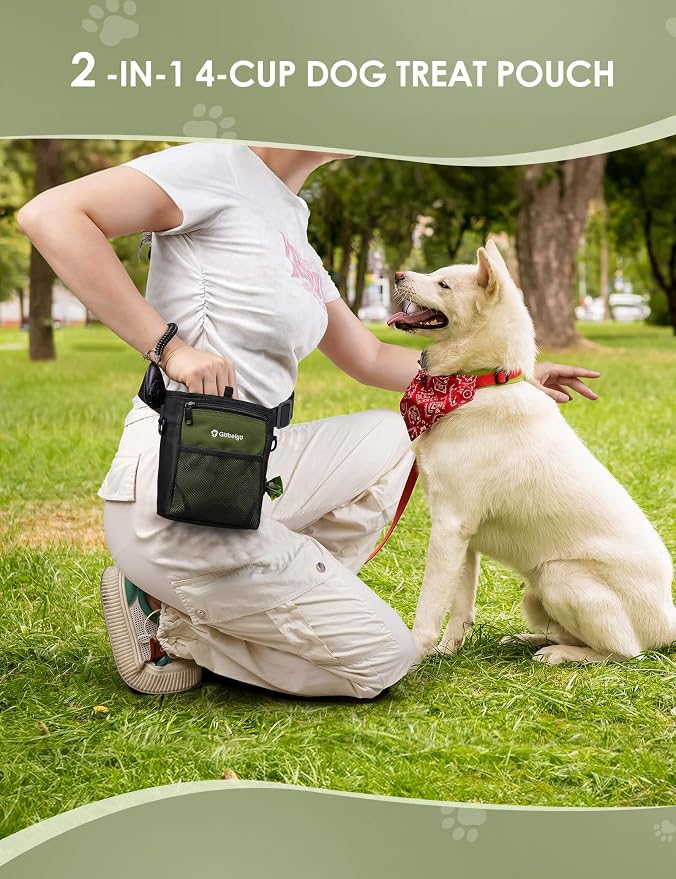 4 Cup Dog Treat Pouch with Silicone Insert Bag& Clicker(Army Green) | 2 Pair Magnetic Closures, Belt Clip/Waist Belt/Crossbody Wear, Zipper Pocket Poop Bag Holder for Pet Training/Daily Walking
