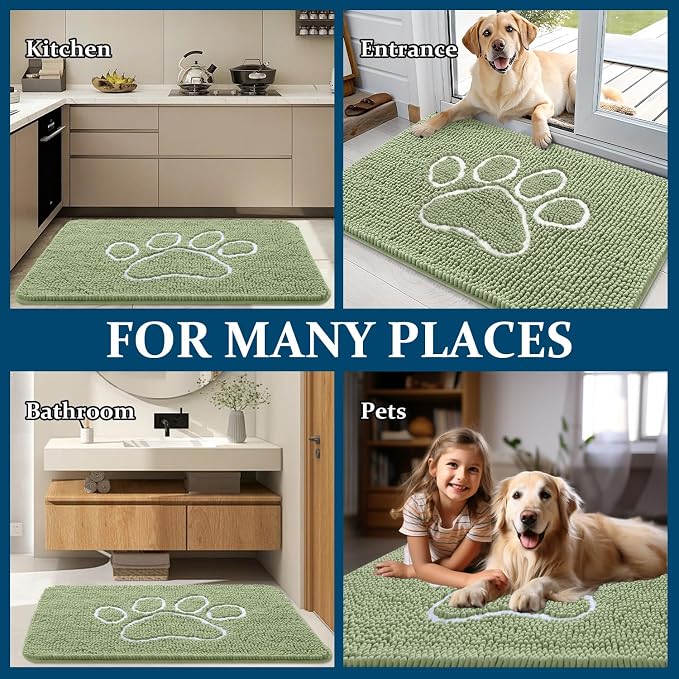 OLANLY Dog Door Mat for Muddy Paws 59x24, Paw Print Design Chenille Mud Mat | Sage Green, Absorbent, Traps Moisture and Dirt, Non-Slip Washable Doormat, Quick-Drying Indoor Entryway Floor Carpet for Dogs