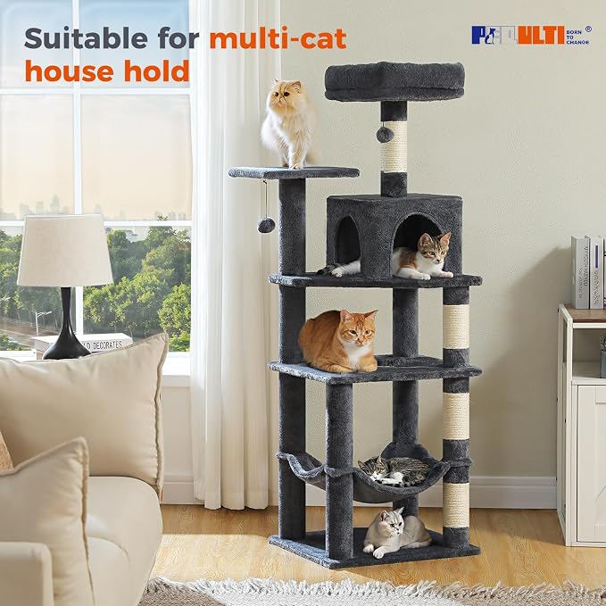 PEQULTI 56.3'' Cat Tree for Indoor Cats, Multi-Level Cat Tower with 2 Top Perch, Cat Condo, Hammock and Sisal-Covered Scratching Post, Smoky Grey