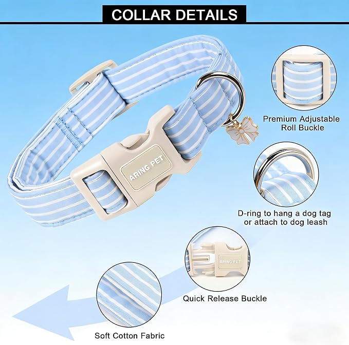 ARING PET Stripe Dog Collar, Cute Spring Summer Blue Stripe Pet Collars with Bow Charm for Puppy Small Medium Large Boy Girl Dogs-L, for Daily Outdoor Walking Training