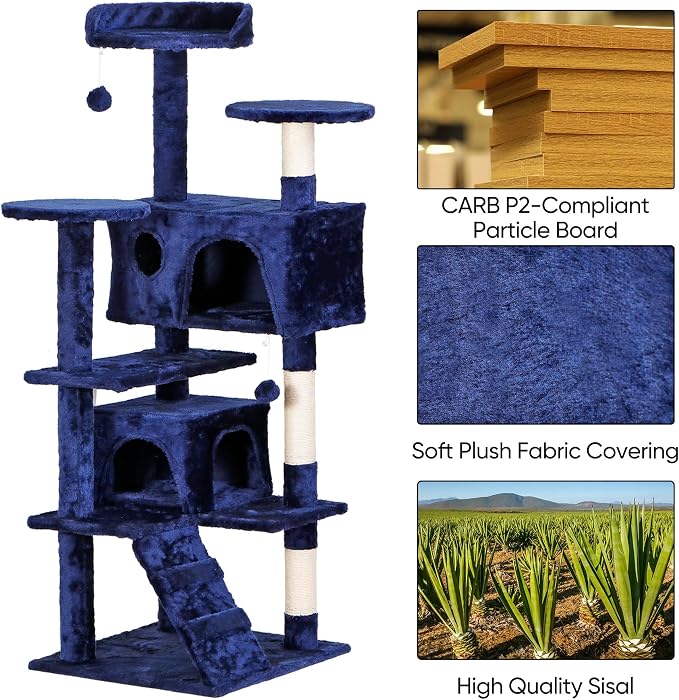 ZENY 53 inches Cat Tree with Sisal-Covered Scratching Posts and 2 Plush Rooms Cat Furniture for Kittens (Navy Blue)
