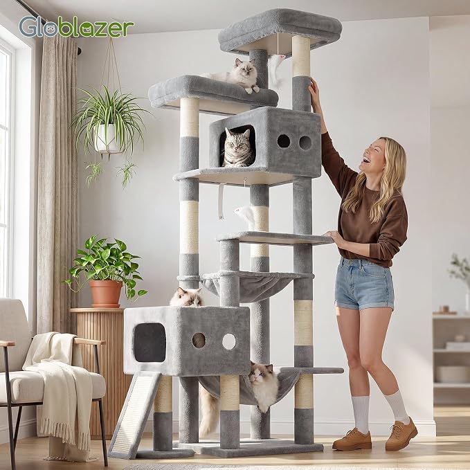 Globlazer 83inch Sturdy Multi-Level Tall Cat Tower, S83G, Light Grey | Extra Large Heavy Duty Cat Tree for Indoor Large Adult Cats Kittens with 2 Cat Condo, 8 Scratching Post, 2 Hammock