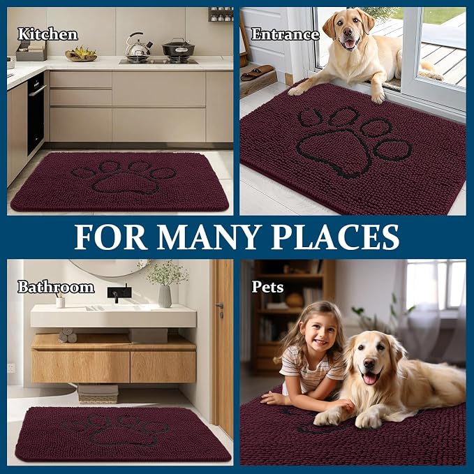 OLANLY Dog Door Mat for Muddy Paws 30x20, Paw Print Design Chenille Mud Mat | Russet, Absorbent, Traps Moisture and Dirt, Non-Slip Washable Doormat, Quick-Drying Indoor Entryway Floor Carpet for Dogs