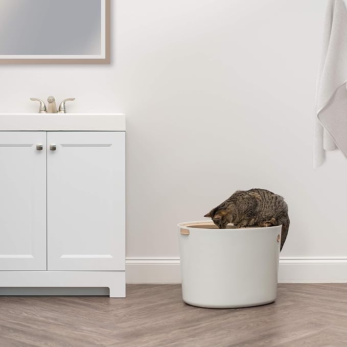 IRIS USA Large Cat Litter Box with Lid, Top Entry Design, Covered Enclosure, Dog Proof, Litter Scatter Control, Odor Reducing, Includes Scoop for Indoor Cats & Kittens, Beige/White, Made in the USA
