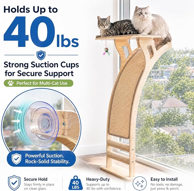 Cat Window Perch with Scratcher Ramp, 48-Inch Tall Wooden Climbing Tree | Fits Windows 13 Inches Wide or More;Heavy-Duty Suction Cups; Drill-Free; Sisal Scratching Mat; Holds Up to 45 lbs