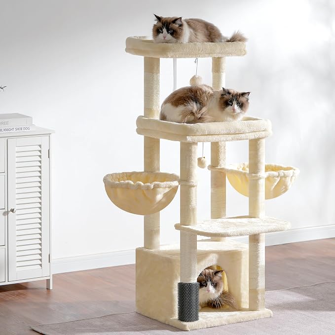 Hey-brother Cat Tree Tower with Extra Large Platform, Big Condo, MPJ070M | 51.1 Inches Scratching Posts with 2 Cozy Hammocks, Self-Grooming Brush for Indoor Adult Cats, Maine Coon, Beige