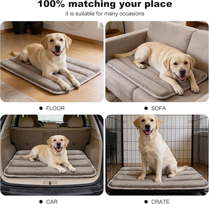 pobopobo Dog Crate Pad, Ultra Soft & Anti-Slip Kennel Mat, Secure Fit for Metal Crates & Dog Cages, Washable Cozy Bed for Small Medium Large Dogs (Light Brown, L(34"*20"*1.5"))