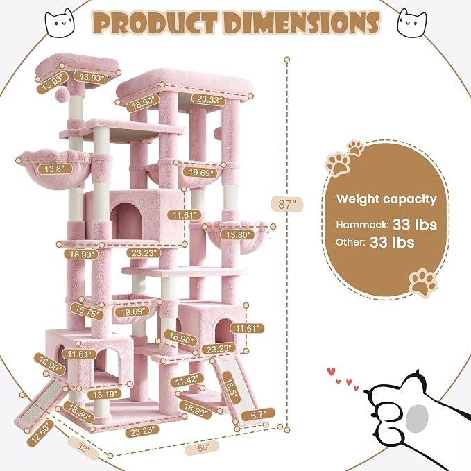 Sha Cerlin 87 in Multi-Level Tall Cat Tree Tower for Large Cats/Extra Wide Feline Activity Center/Sisal Scratching Posts/Wide Base/Cozy Plush Perches/Baskets/Hammocks/Toy Balls/Pink