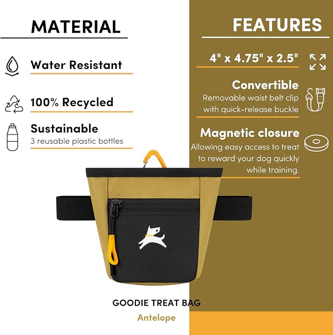 Goodie Treat Bag, Dog Treat Training Pouch | Magnetic Closure | 3 Ways to Wear | Hands-Free Waist Belt | Water-Resistant Recycled Vegan Fabric (Antelope)