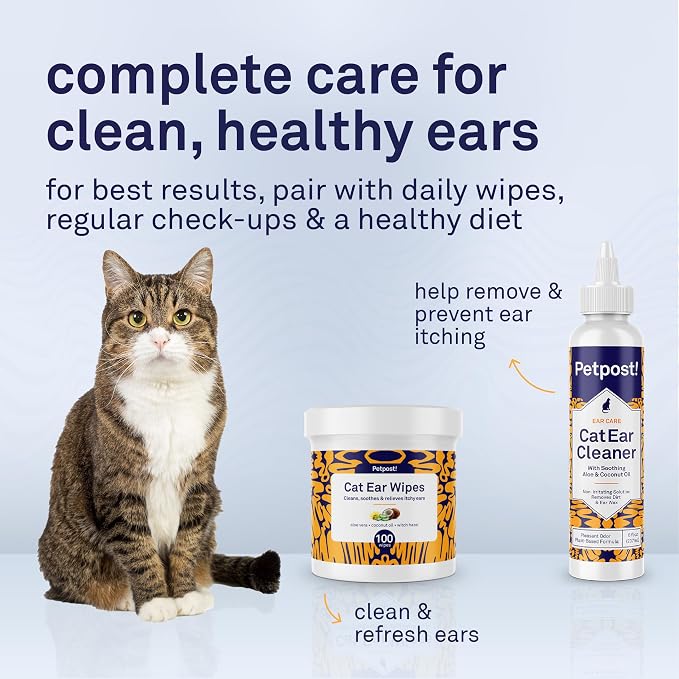 Petpost | Cat Ear Cleaner Wipes - Ultra Soft Cotton Pads in Coconut Oil Solution - Treatment for Removing Cat Ear Dirt & Wax 100 ct.