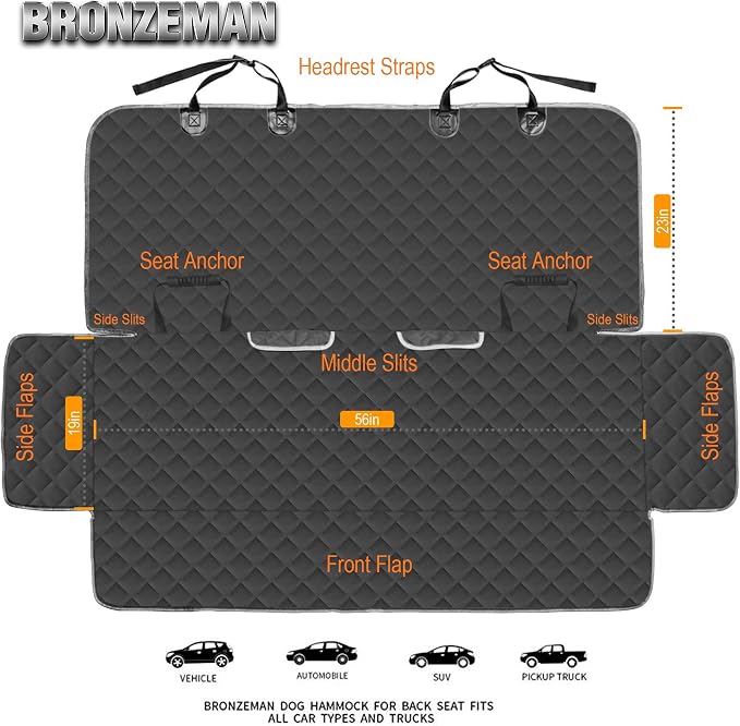 BRONZEMAN 100% Waterproof Bench Car Seat Cover Protector - Strong & Durable,Heavy-Duty and Nonslip Rear Back Seat Cover with Middle Seat Belt,Universal Size Fits for Cars, Trucks & SUVs