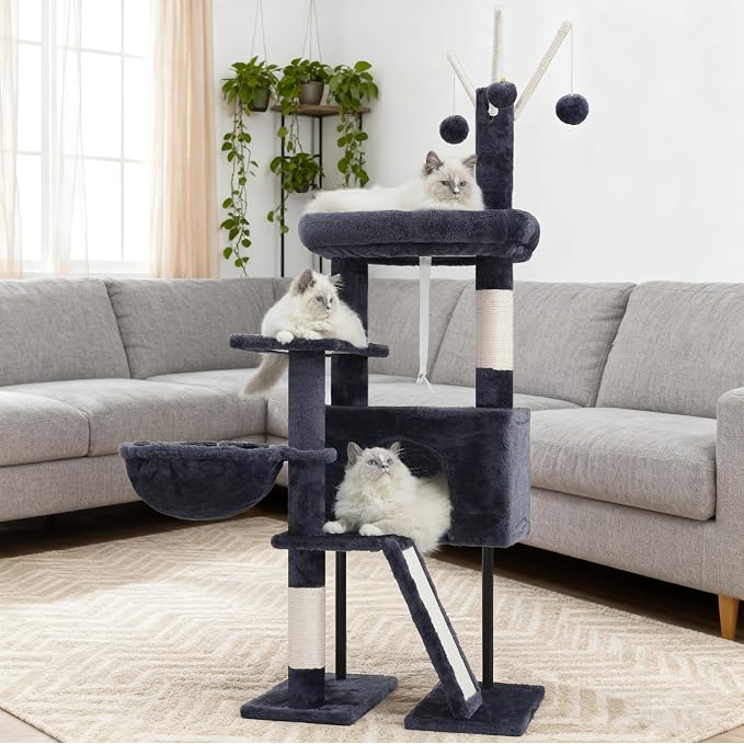Cat Tree Tower for Indoor Cats, Top Platform with Toy, GCT006SG | 49.2 inch Cat Condo House, Sturdy Base, Scratching Post & Board, 3 Balls, Hanging Basket, Small Cats and Kittens, Drak Gray